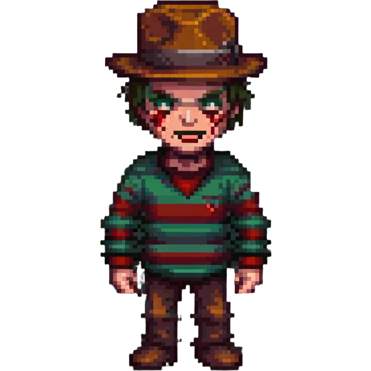 Freddy Krueger in pixel art style, menacing pose, classic striped sweater emoji