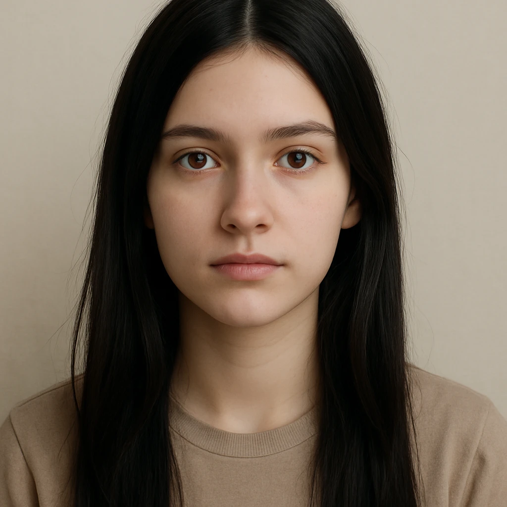 white girl with black long hair and brown eyes, neutral expression, simple background emoji