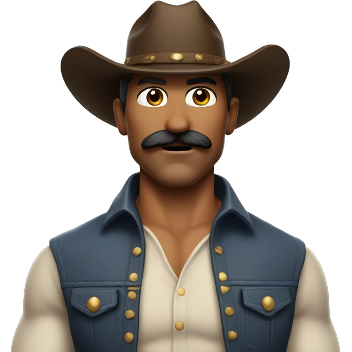 very muscular 40 year old cowboy with a mustache, no shirt. On his head is a cowboy hat. emoji