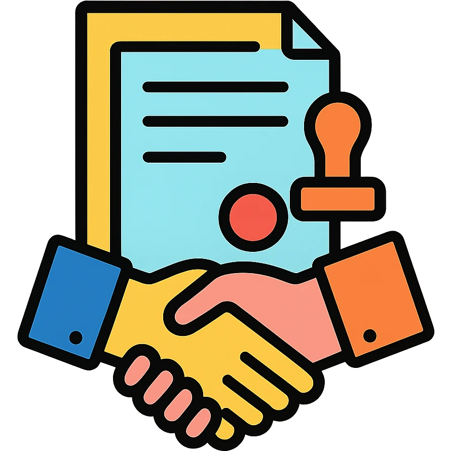 Contract document with official stamp and handshake - representing Commande Publique emoji