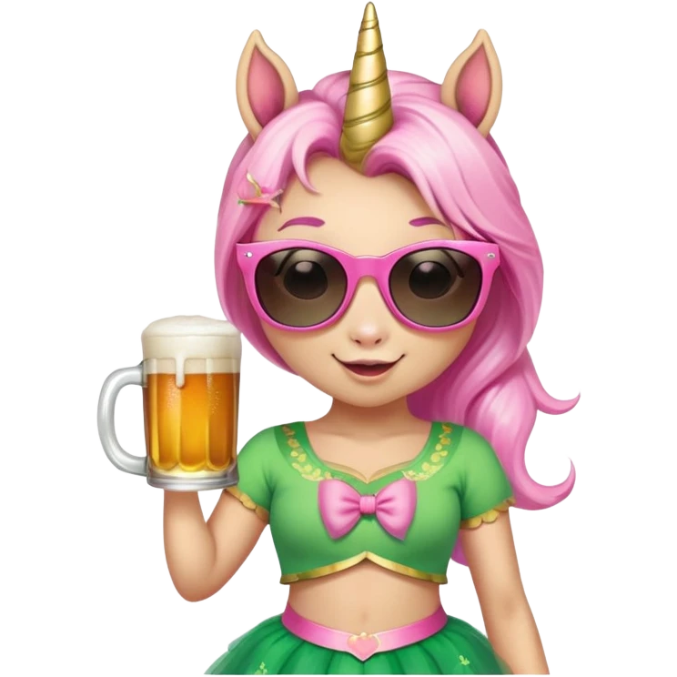 friendly anthropomorphised female unicorn with horse-like face, in tutu and pink t-shirt, wearing dark sunglasses, celebrating St. Patrick's Day emoji