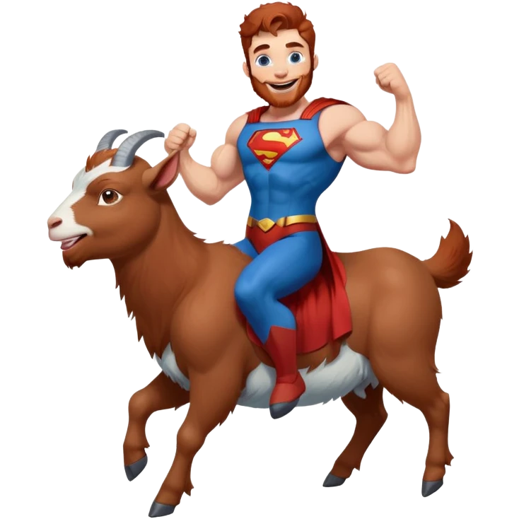 Full body Adult Superman Blue Eyes Scruffy Redish hair and redish trimmed Beard Muscle happy riding a laughing blue small goat  emoji