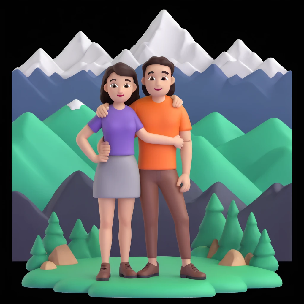 back packer couple posing, mountains in background,   close up pose emoji