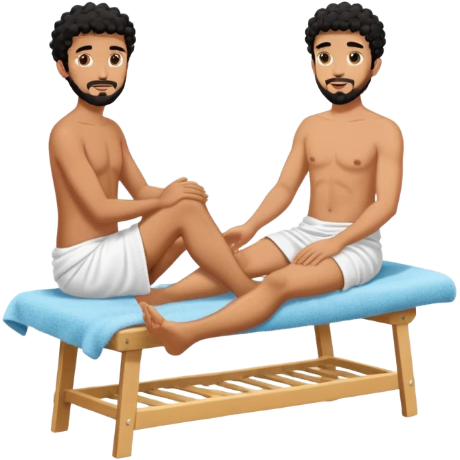 Sehr Gebräunter fast nak Mann nur mit handtuch um den unterkörper (araber mit schwarzen locken und ziegenbart) bekommt fußmassage von einem anderen mann emoji