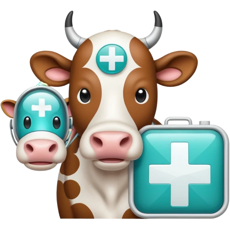 Emoji-style icon of a cow and buffalo with a medical cross and scan frame overlay, representing disease detection and health analysis. Friendly, clean, rounded design, clear at small sizes, teal and white accents, no text, transparent background. emoji