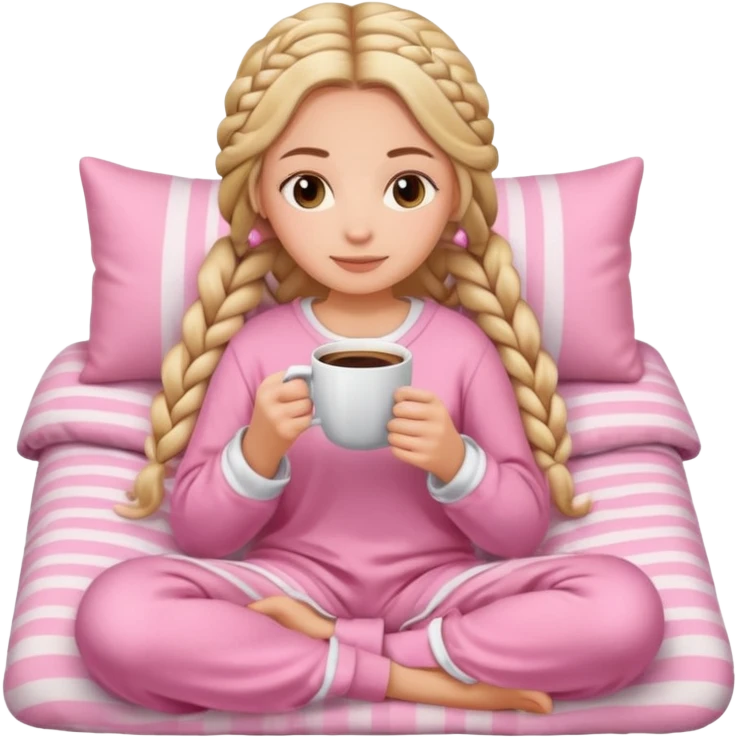 White girl with goddess braids holding a cup of coffee while snuggling in a cozy pink blanket and cute pink and white pajamas  emoji