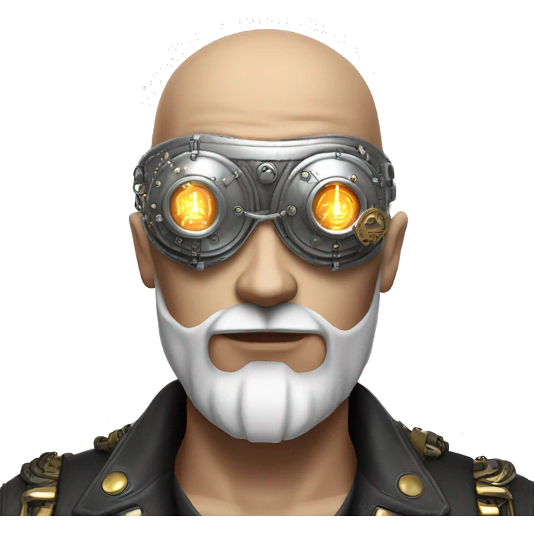 Bald cyborg head with silver steampunk goggles, white beard and circuits emoji