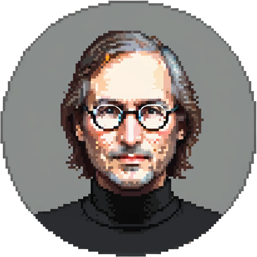 Steve Jobs wearing a black turtleneck and round glasses, simple background, pixel art style emoji