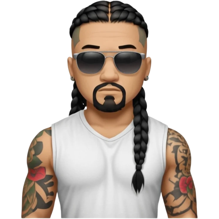 Samoan male. Chin goatee with no hair upper lip
Untucked loose fitting white t-shirt. 
long black braided hair.
very muscular.
Even More tattoos. 
Tough and menacing.
Dark black square sunglasses. emoji
