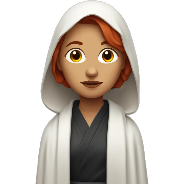 woman in a robe looking sombre with a religious vibe and red hair  emoji