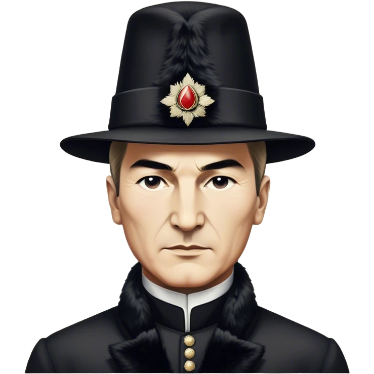​Cinematic Realistic Portrait of a Young Mustafa Kemal Atatürk, depicted wearing an iconic tall black fur hat along with traditional attire, his confident, visionary expression illuminated by warm, inspiring lighting, rendered with rich historical textures that capture his youthful dynamism and transformative leadership, emoji