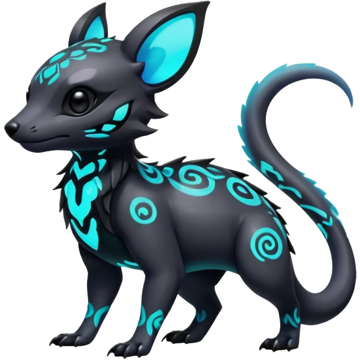 Rare futuristic bioluminescent iridescent neon glowing cute epic aesthetic gothic colorful Salandit-Eevee-Trico-Civet-species-Fakemon-hybrid-creature, with intricate tattoo markings, full body emoji