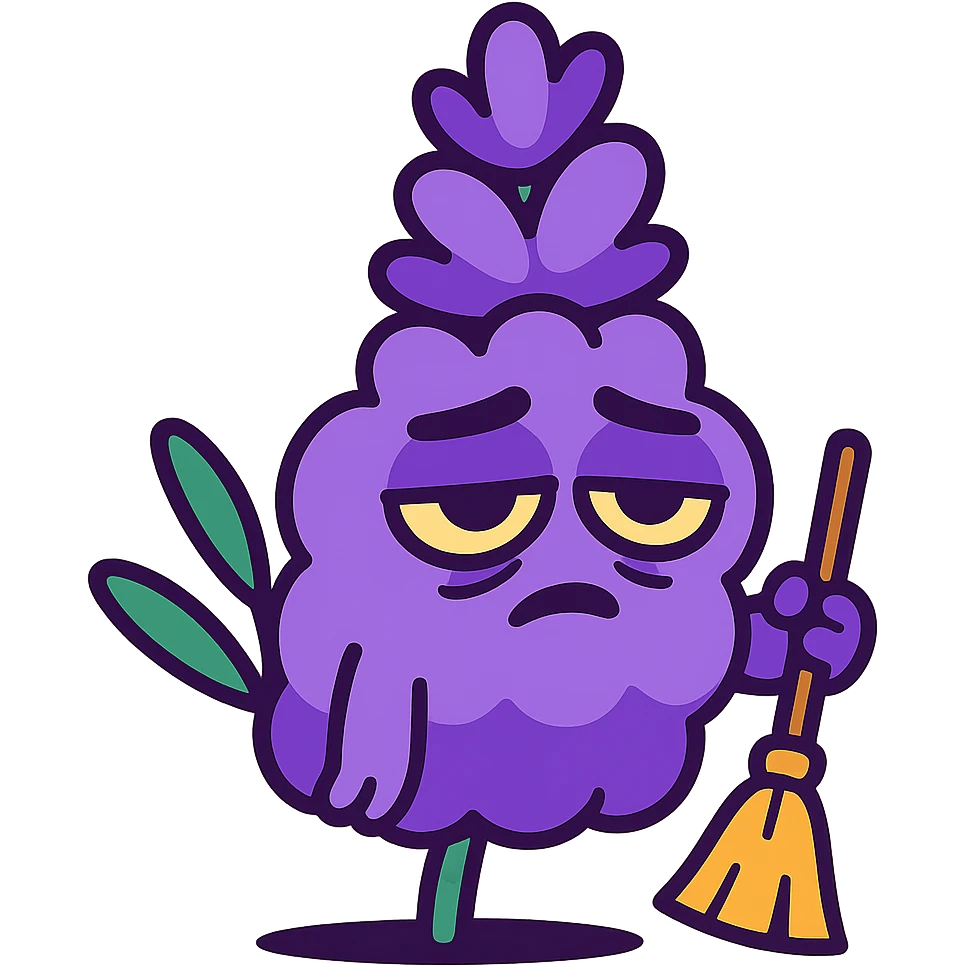 chubby lavender-colored lavender flower character with droopy eyes and a tired face, holding a tiny broom, vibrant-toon style emoji