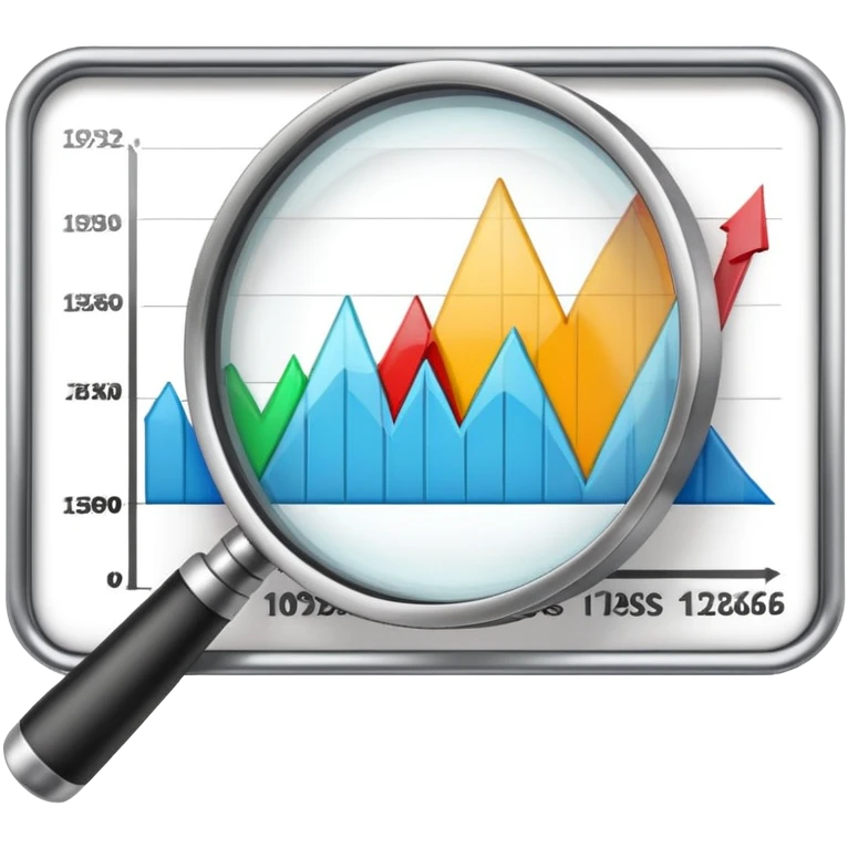 magnifying glass examining a downward trending chart, decreasing graph emoji