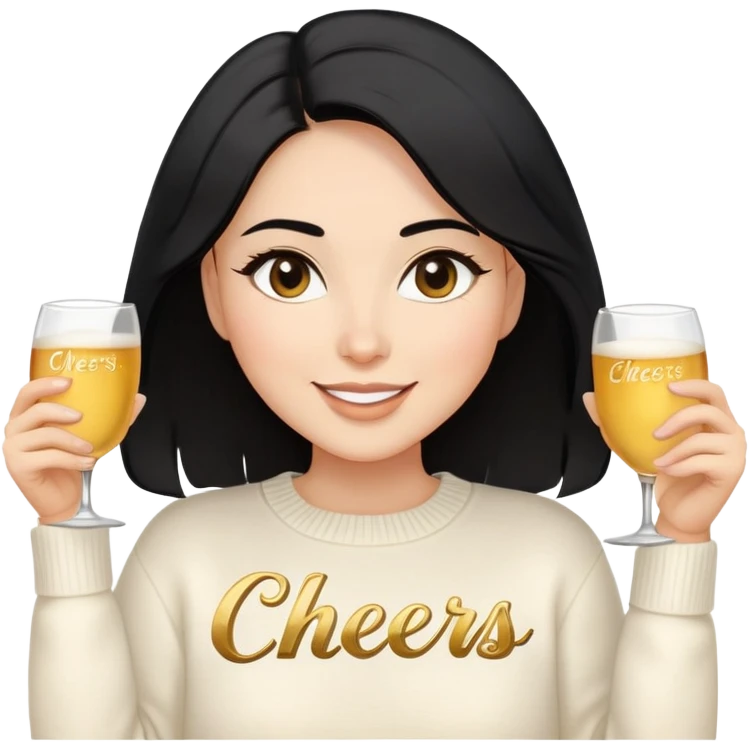A woman with shoulder-length black hair, light to medium skin tone, full cheeks, and almond-shaped eyes, wearing a white sweater with the word 'cheers' in gold script, lying comfortably on a bed with soft lighting, joyful and radiant expression. emoji