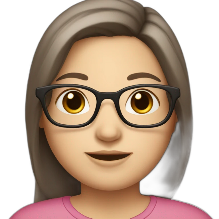 a dark-brown long hair white woman with glasses and a little smile, little chubby, with rose cheeks, emoji