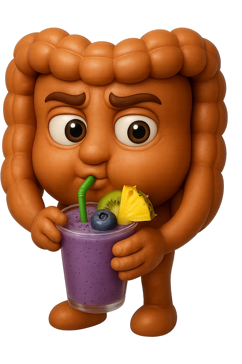 EMOJI STILE IPHONE DI un intestino umano anatomico che beve un frullato di mirtilli, ananas, kiwi, fagli anche la parte bianca degli occhi, non solo le pupille, REALISTICo 4K emoji