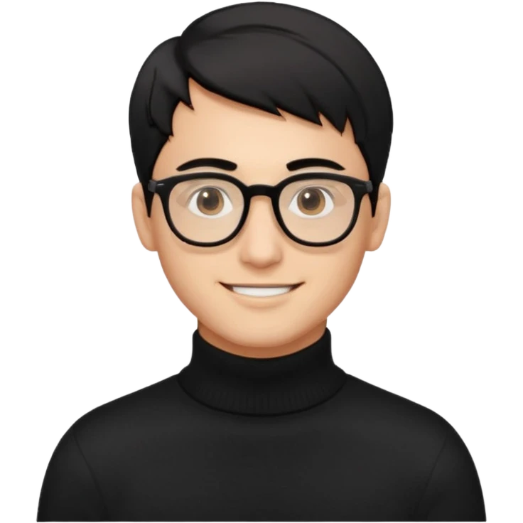 Создай эмодзи, мужчина, 26 лет, стрижка side-part, чёрные волосы, карие глаза, чёрный свитер-гольф, смуглый цвет кожи, очки, улыбается emoji