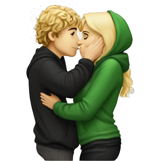 Pippin-hobbit wearing green hoodie passionately kissing pretty blonde woman with black top emoji