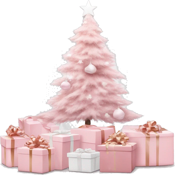 Light pink Christmas gifts under a white Christmas tree  emoji