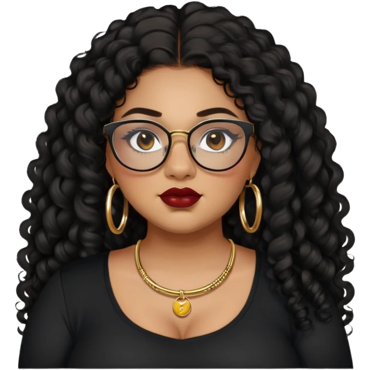 teen big plus size, latina, darker tan skin, gold hoops, long black curly hair, baddie,pretty, makeup, dark red lipgloss, black eyeliner, long hair, black shirt, black glasses emoji