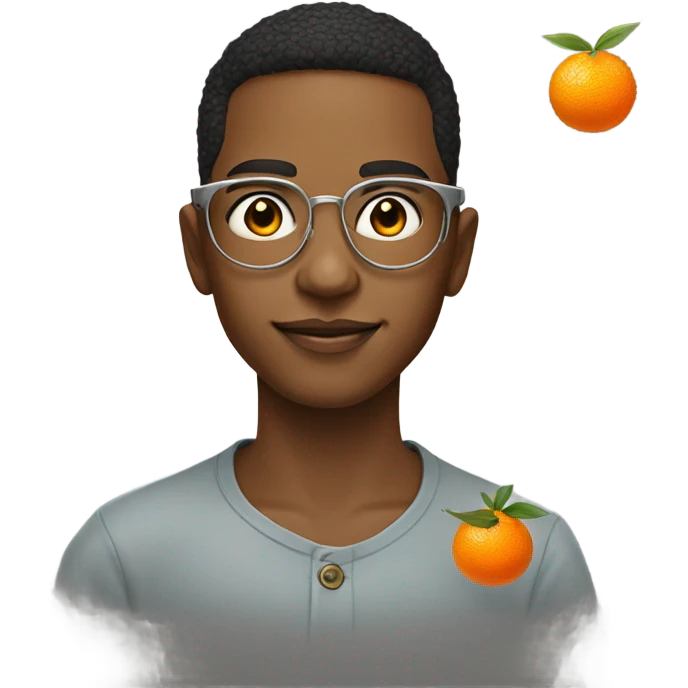 portrait of a stylish boy wearing round metal frame specs holding mandarin oranges for chinese new year emoji