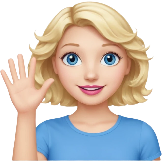Girl Blonde short wavy hair,  blue eyes, cute blue top, long lashes, pink lips, smiling, waving hello  emoji