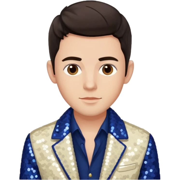 Jonathan Bailey with dark brown hair, brown eye, ivory sequin jacket, navy blue shirt emoji