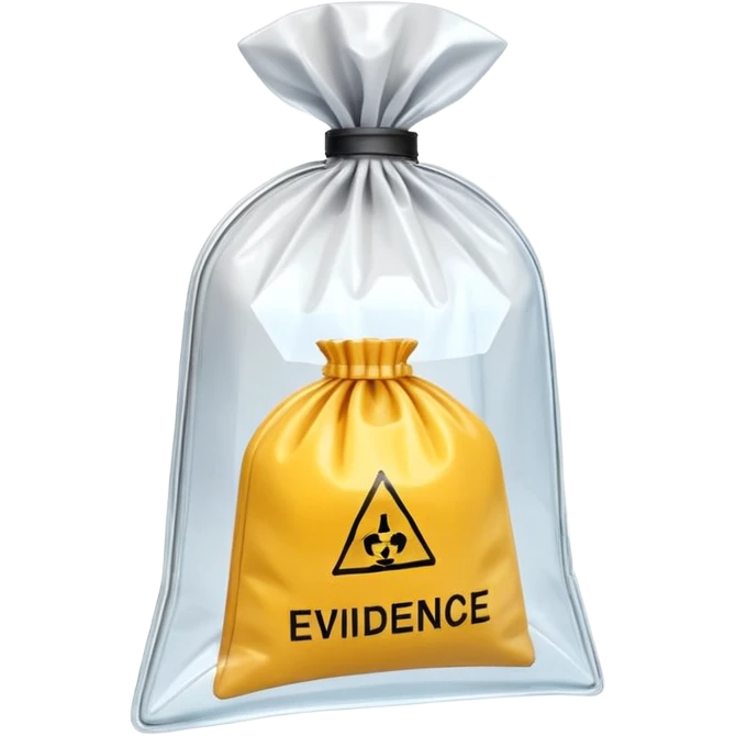 3D render of Evidence Bag inside a clear plastic evidence bag, sterile lighting, forensic crime scene aesthetic, plastic reflection. emoji