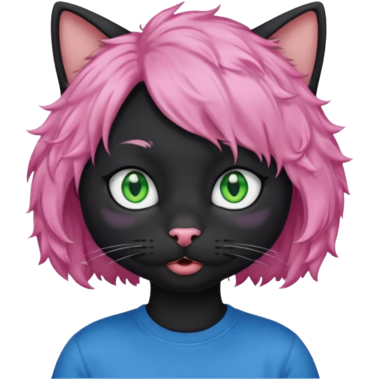 a Black cat wearing a short curly pink hair wig, blue T-shirt emoji