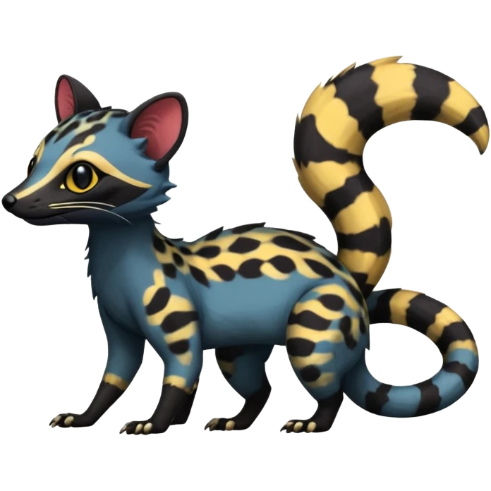 Rare warm-colored exotic edgy cute epic aesthetic spooky dark colorful Genet-Trico-Salandit-Civet-species-Fakemon-hybrid-creature, with beautiful intricate markings, full body emoji