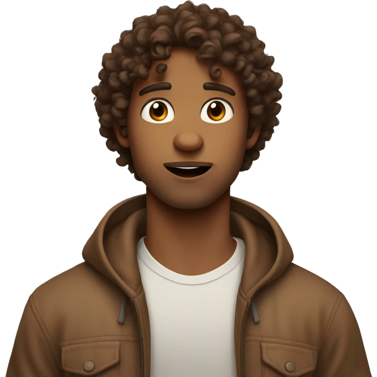 cute guy with hazel green eyes, brown loose pretty curly hair, looking shocked emoji