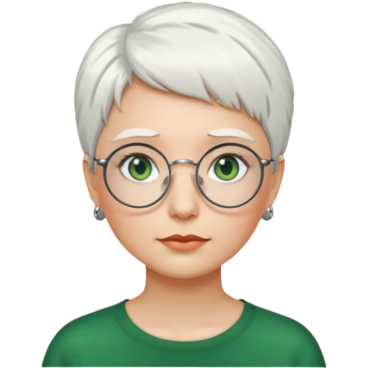 visage femme a lunettes ronde avec cheveux courts blancs aux yeux verts emoji