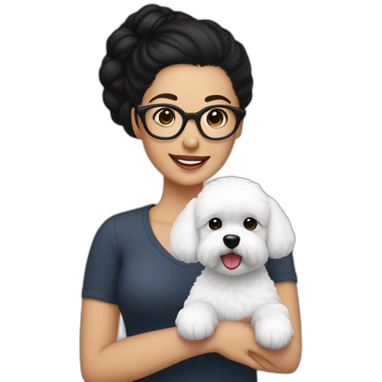 woman-black hair-bun-with glasses-with bichon dog-white-smile emoji