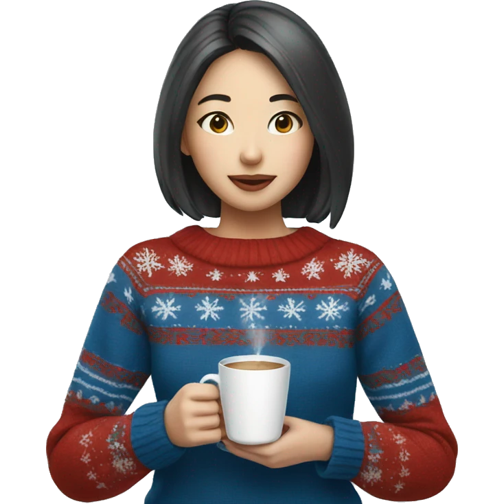 Asian girl drinking coffee wearing blue Christmas sweater emoji