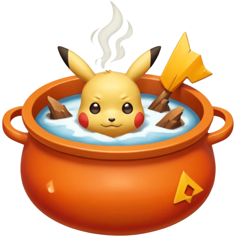 Un Pikachu rouge qui et triste avec des éclairs en fond et il a fait caca et pipi dans un pot orange et une montagne derrière  emoji