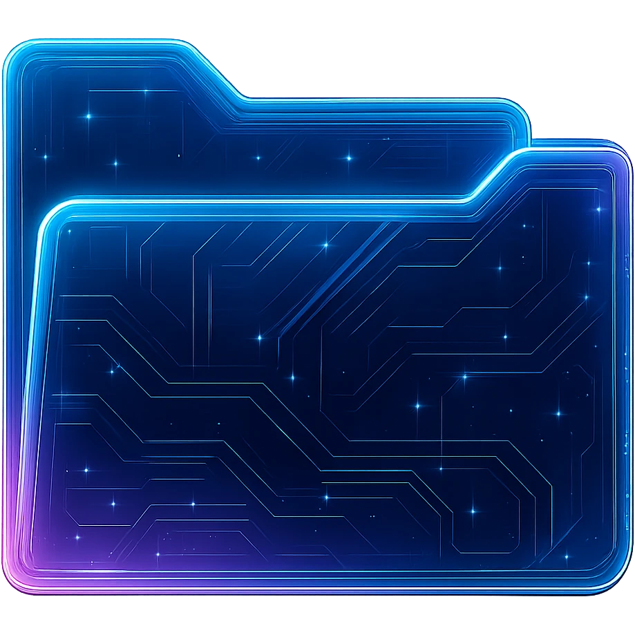 Edit the cyberpunk folder icon to make it look open, as if the top flap is lifted, without changing the design, style, or perspective. Keep the glowing neon blue and pink edges, circuit patterns, and transparent background exactly as they are. Maintain the original cyberpunk style and look while only adjusting the folder to appear open. emoji