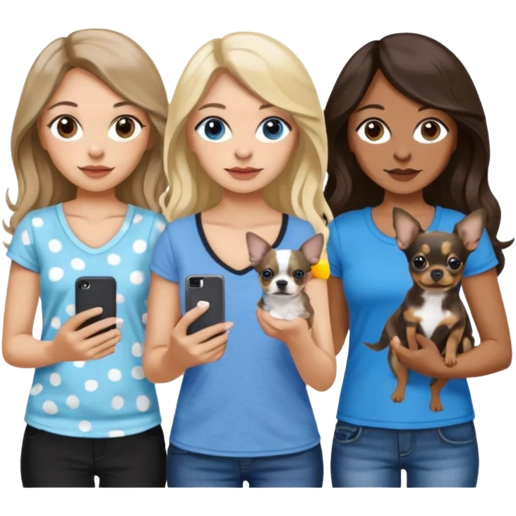 Three women in summer clothes holding iPhones, hazel eyed light skin with dark blonde long hair and Brown eyed,light skin,black long wavy hair, blue eyed light skin long blonde hair with 2 dogs, blue spotted Merle Frenchie and black and tan chihuahua  emoji