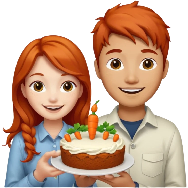 Redhead girl and Asian guy with carrot cake emoji