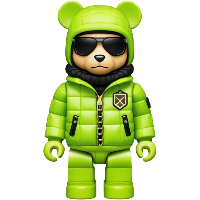 ultra-detailed bearbrick figure with perfect cube head and geometric body, wearing premium lime green balaclava with sleek integrated black visor lens at eyes, luxury oversized designer puffer jacket with prominent logo and lavish fur trim collar, heavy gold chains, streetwear icon emoji