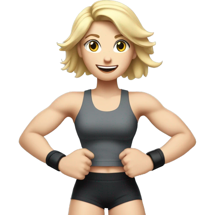 Close up Actively gesturing  with hands Pale skinned Fit woman With the biceps and blonde hair in dark gray Sleeveless Mike, black sports shorts, watch and white Sneakers emoji