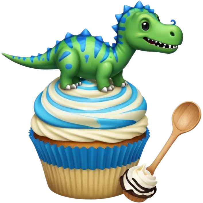 A cupcake having blue and black icing and a dinosaur as a decoration and ice cream next to it emoji