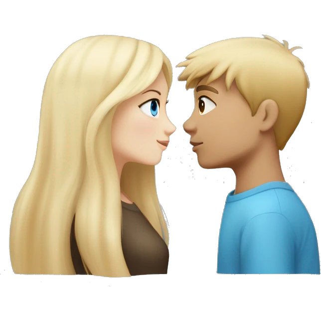 Girl with long back hair with bangs and tan skin kissing a boy with blonde hair blue eyes and white skin emoji