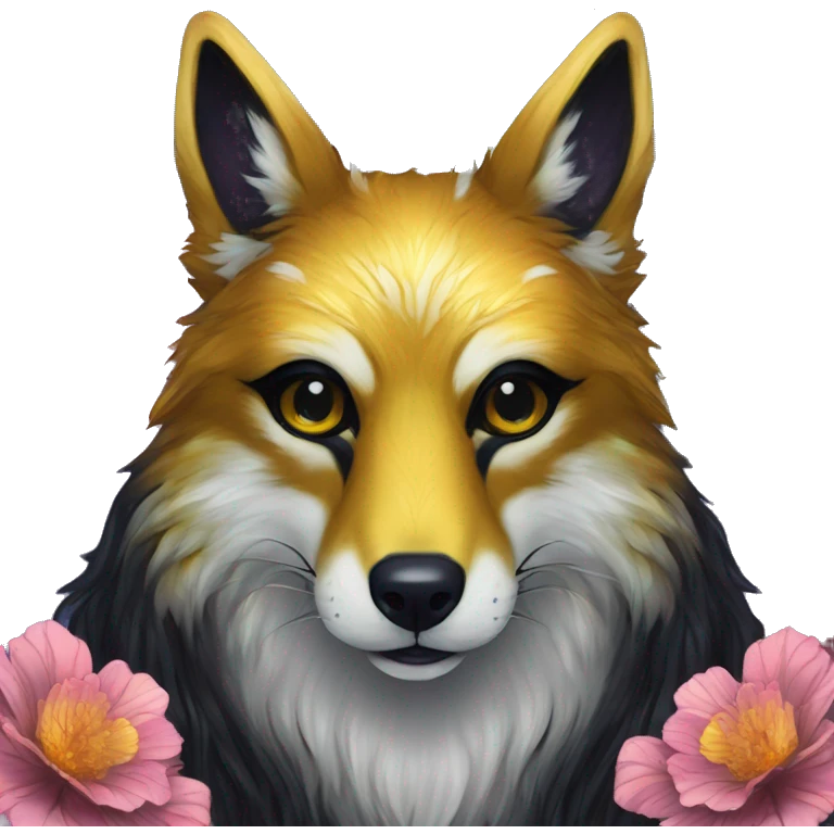 Black iridescent fluffy dog fox head zombie skull skeleton gold mechanical nebula galaxy stars colorful flowers fairy lights vintage emoji