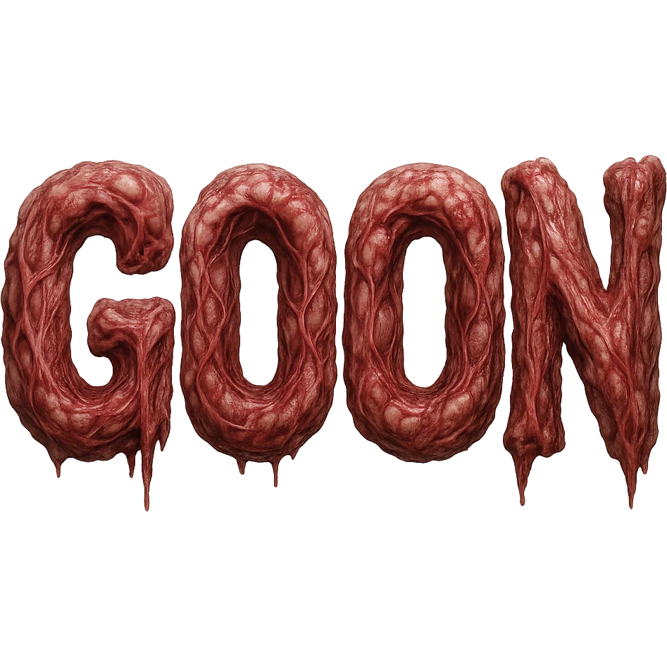 GOON written in a horror style, each letter resembling raw, pulsing flesh with veins and muscle texture, no background emoji