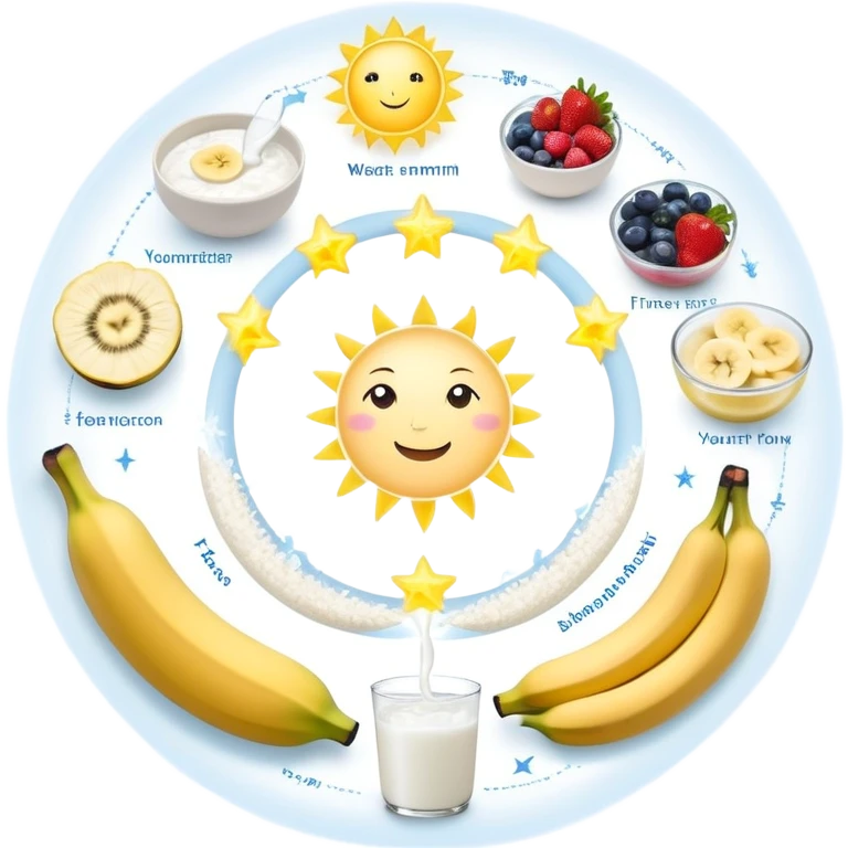 Magical fitness system: water bottle, sun, rice bowl, banana, dumbbell, yogurt, fruit, and moon arranged in a circular flow chart with ethereal glowing connections and sparkles, each item separate but part of one system emoji