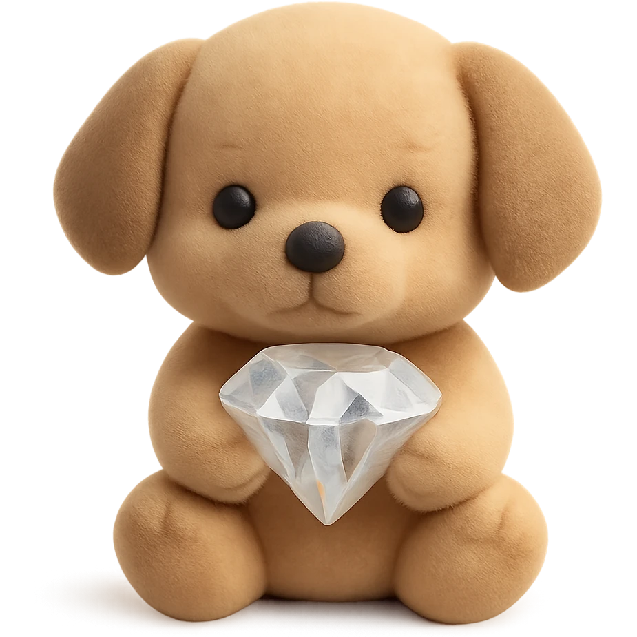 a cute puppy holding a diamond, flocked toys style emoji