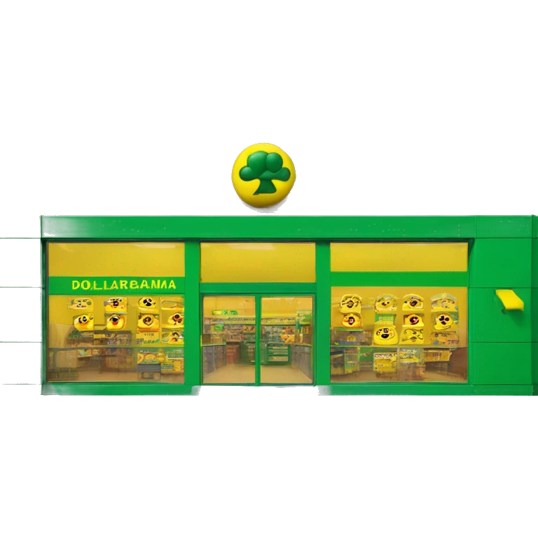 “Exterior of a Dollarama store with the bright green facade, bold yellow Dollarama sign, large front windows, and entrance doors, capturing the look of a budget-friendly retail store.” emoji