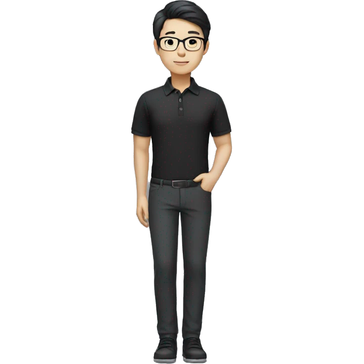 black hair chinese engineer wearing glasses black polo tshirt and dress pants and shoes emoji