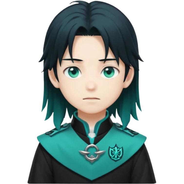Tokito Muichiro emoji style — calm boy with long black hair fading mint green, turquoise eyes, pale skin, dreamy face, wearing dark Demon Slayer uniform, black + teal tone, anime cute clean style. emoji